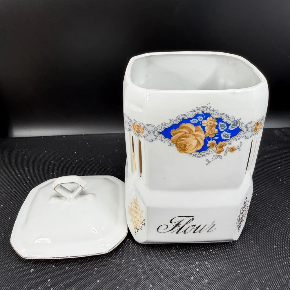 Victoria China Czechoslovakia Flour Canister Vintage Porcelain Blue Gold Rose